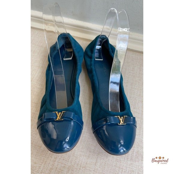 Authentic Louis Vuitton Blue Green Suede Patent Elba Elastic Ballerina Flats 7 - Picture 8 of 13